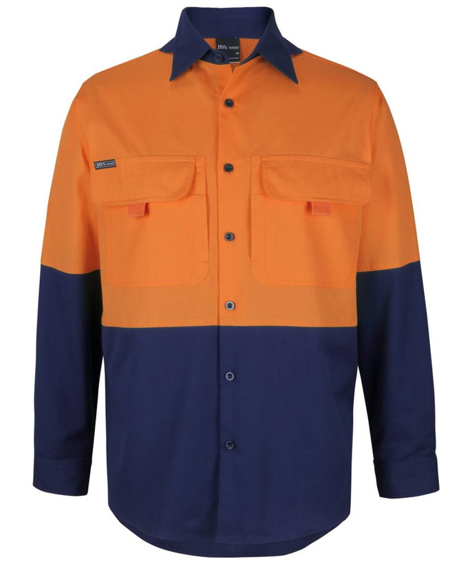A long-sleeved fishing shirt in orange and navy blue, featuring two chest pockets and a logo.