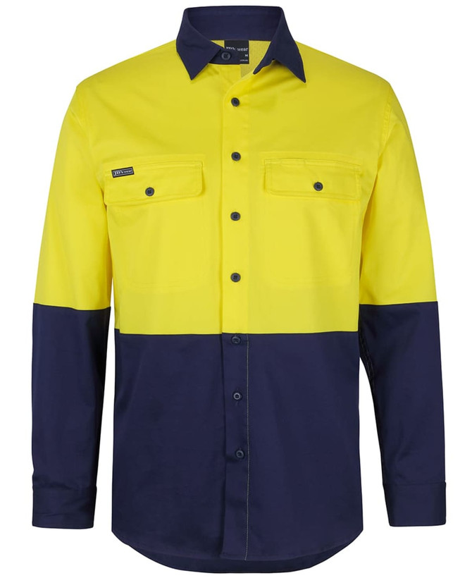 A long-sleeved work shirt in high visibility yellow with navy blue accents and a logo. Features two chest pockets.