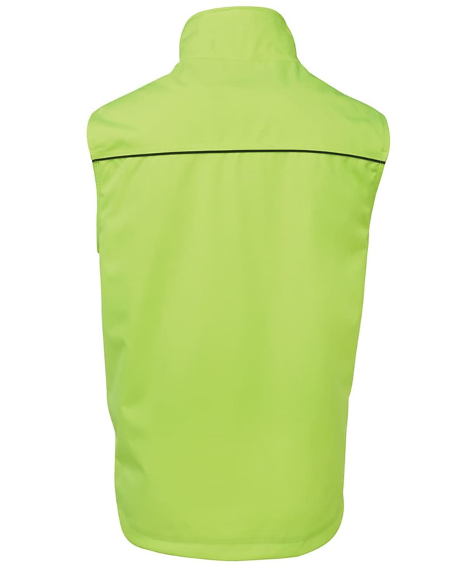 A high-visibility yellow work vest with a sleek design and a logo on the back.