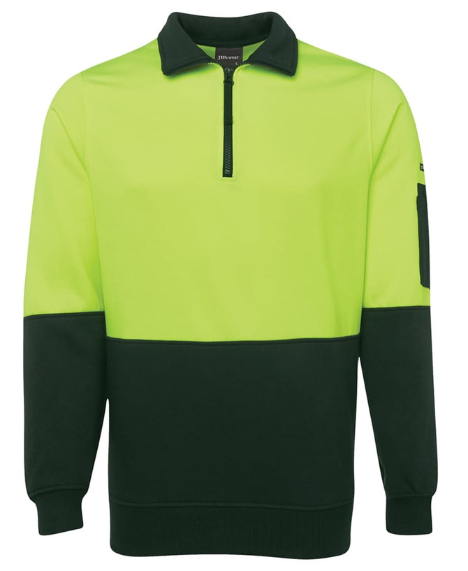 A bright lime green and dark green polar fleece jumper with a half zip and a side pocket, featuring a logo.