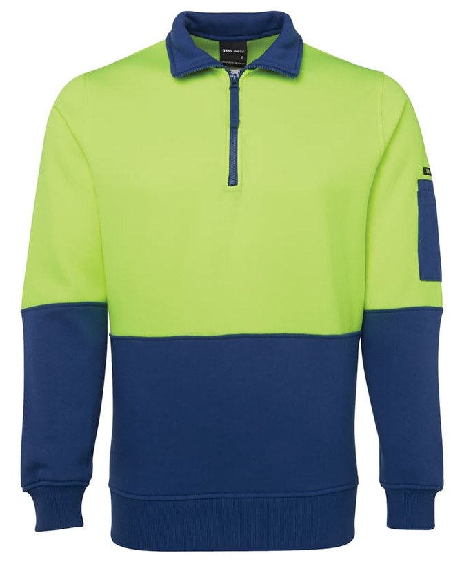 A polar fleece top featuring a half zip, with a bright green upper and navy blue lower section. Includes a pocket.
