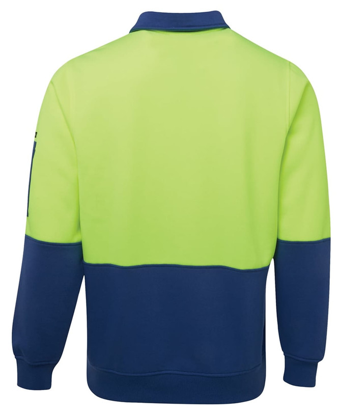 A fleece pullover in bright yellow-green and navy blue, featuring a collar and a zippered pocket on the sleeve.