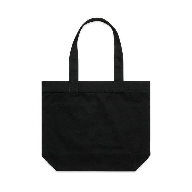 A black tote bag with two handles and a simple design. It features a logo on the surface.