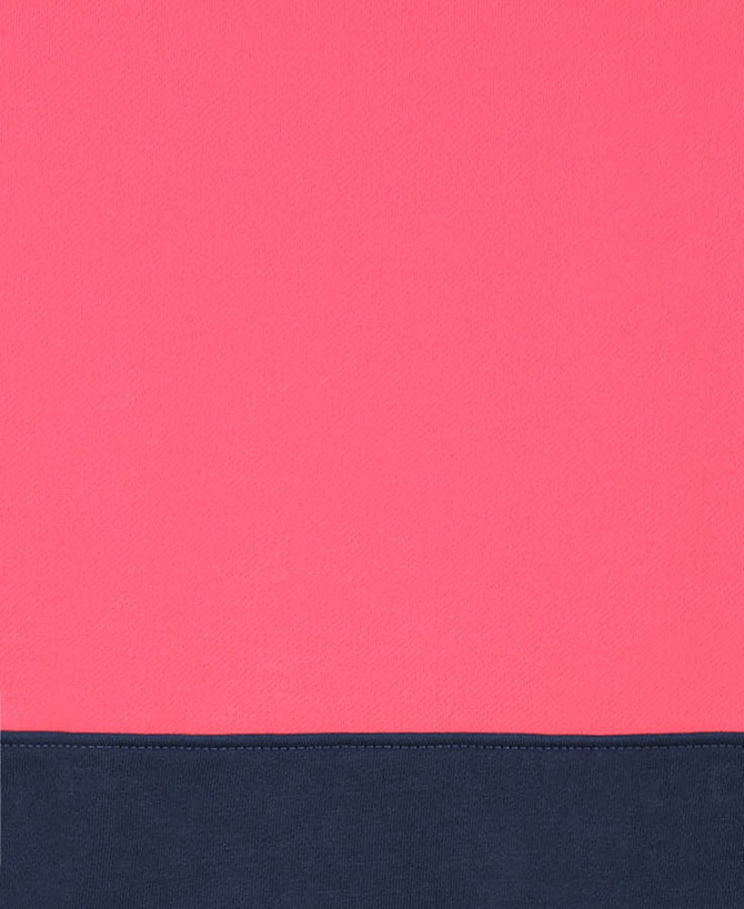 A pink and navy blue hoodie featuring a branded logo, designed for workwear.