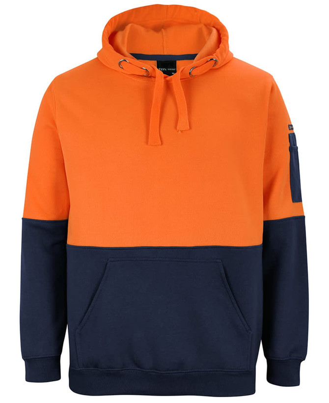A hooded sweatshirt featuring a bright orange upper and a navy blue lower, with a front pocket and a logo.
