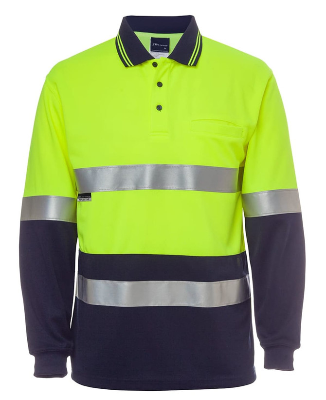 A long-sleeved high-visibility polo shirt in bright yellow and navy, featuring reflective stripes and a logo.