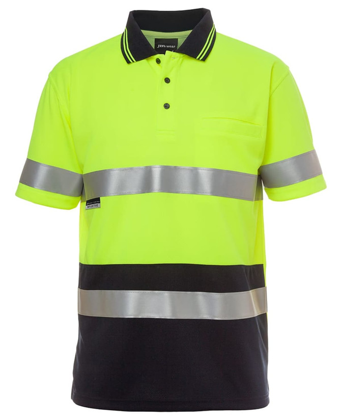 A high-visibility polo shirt in bright yellow with black and silver reflective stripes and a pocket. It features a logo.