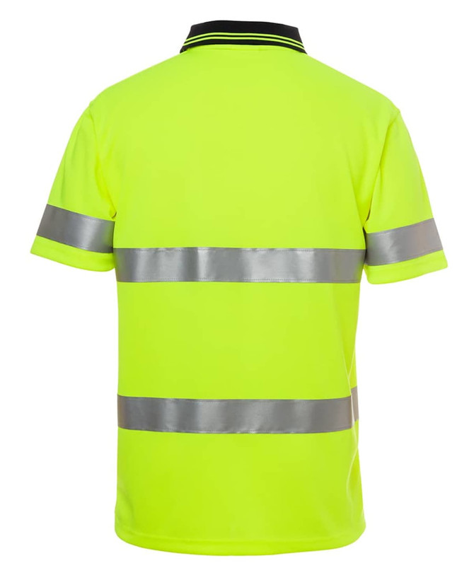 A high-visibility yellow polo shirt with reflective strips and a collar, featuring a logo on the front.