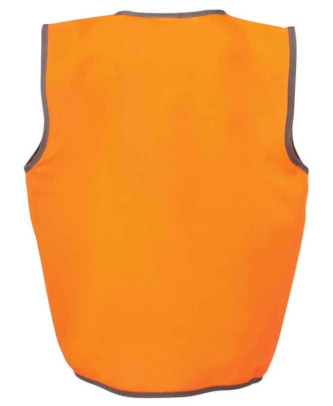 An orange safety vest featuring grey trim on the edges and a branding logo.