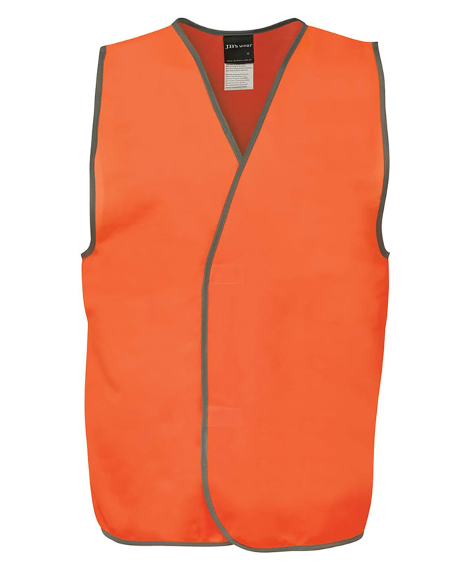 An orange safety vest with a grey trim and a branding logo, designed for high visibility and safety.