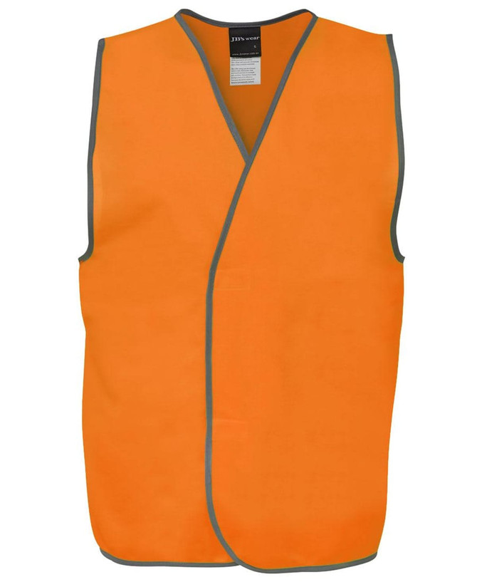 An orange safety vest with grey trim and a logo, designed for visibility and high safety standards.
