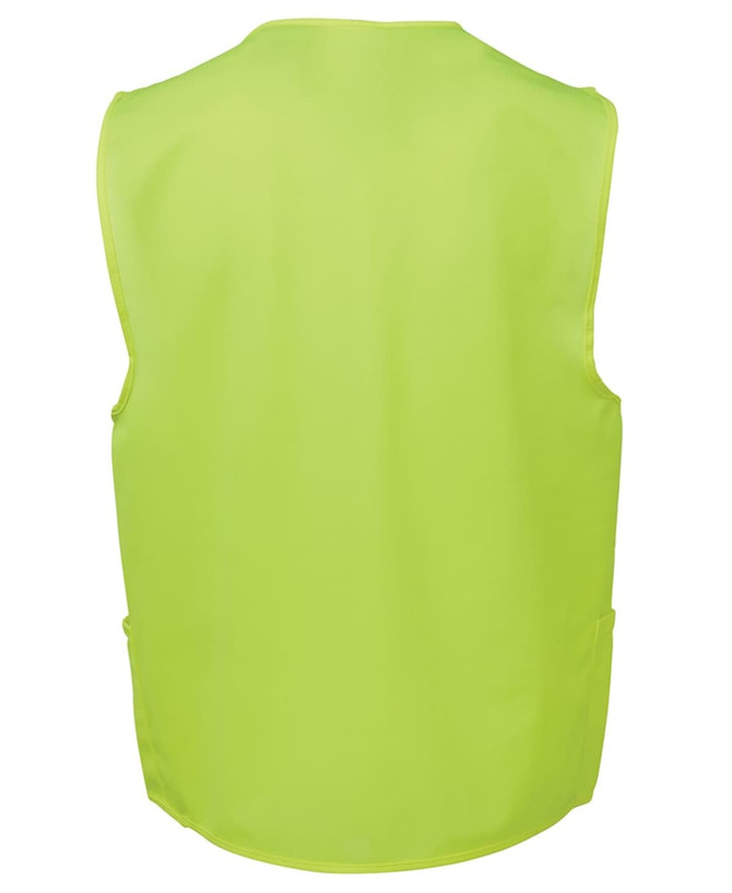 A high-visibility yellow safety vest with a plain back, featuring side pockets and a simple design.