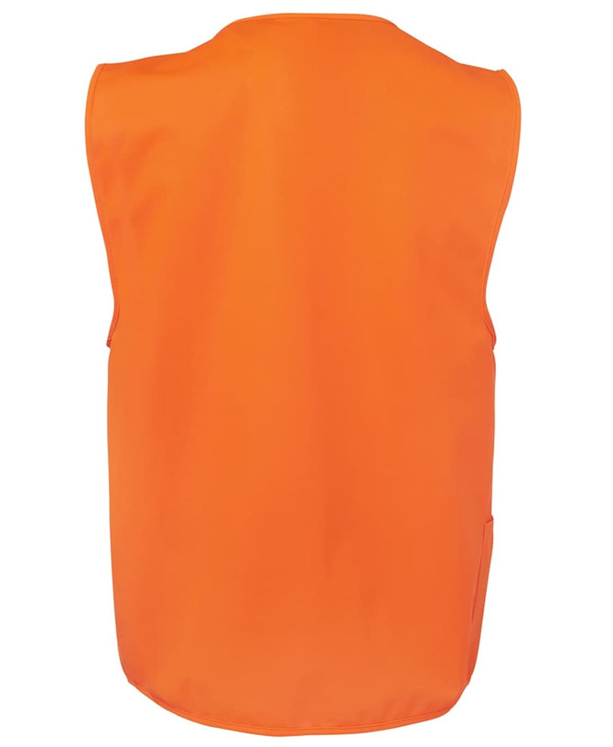 An orange safety vest with a sleeveless design, featuring pockets and a logo.