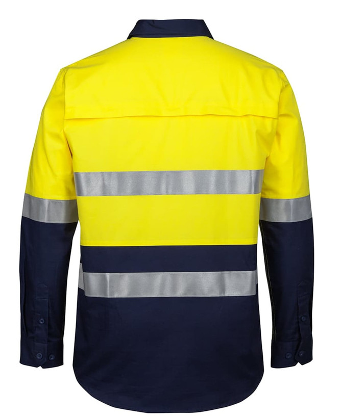 A high-visibility long-sleeve work shirt featuring bright yellow and navy colours with reflective stripes.