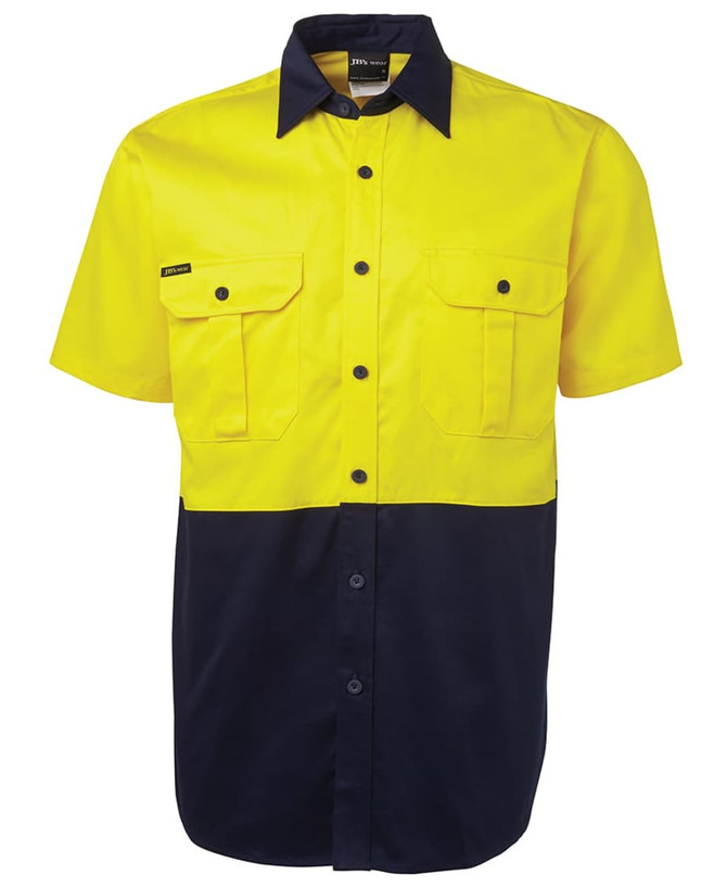 A short-sleeved work shirt in bright yellow and navy blue with two front pockets and a logo.