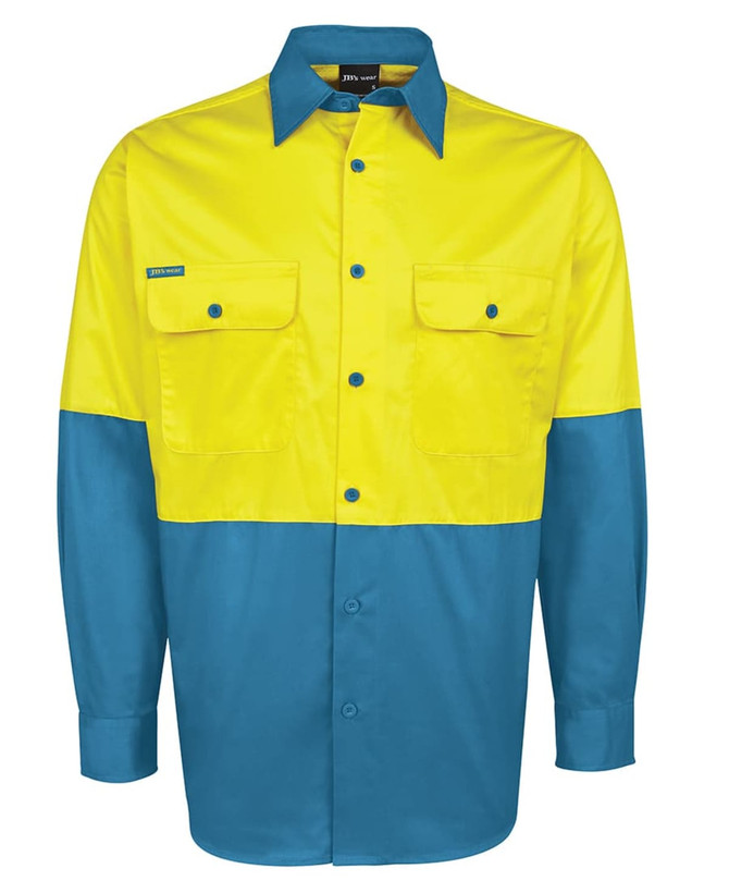 A long-sleeve work shirt in bright yellow and blue, featuring two front pockets and a logo on the chest.