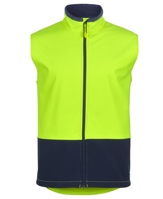 A lime and navy three-layer softshell vest with a zip front and a logo on it.