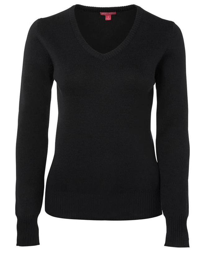 A black ladies knitted jumper with a V-neck and long sleeves, featuring ribbed cuffs and hem.