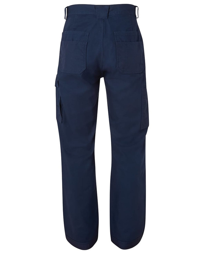 Navy cargo pants featuring a straight leg design and multiple pockets, with a visible logo.