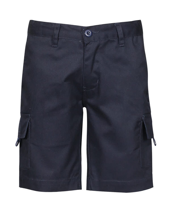 A pair of black cargo shorts featuring side pockets and a button closure, with a logo on the waistband.