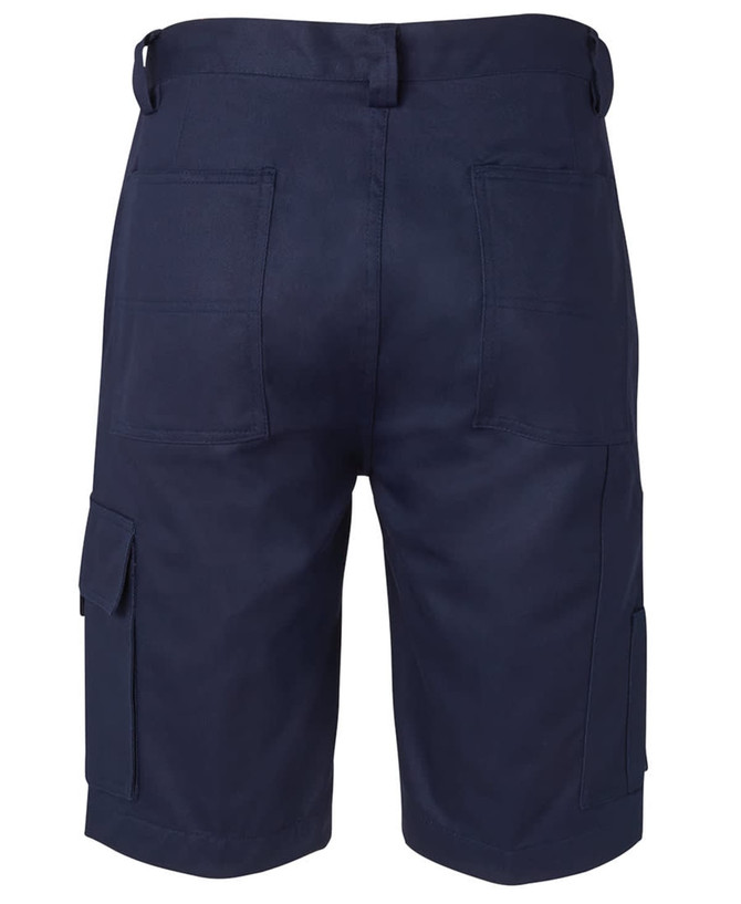 Navy blue cargo shorts featuring multiple pockets and a waist adjustment with a logo on the back.