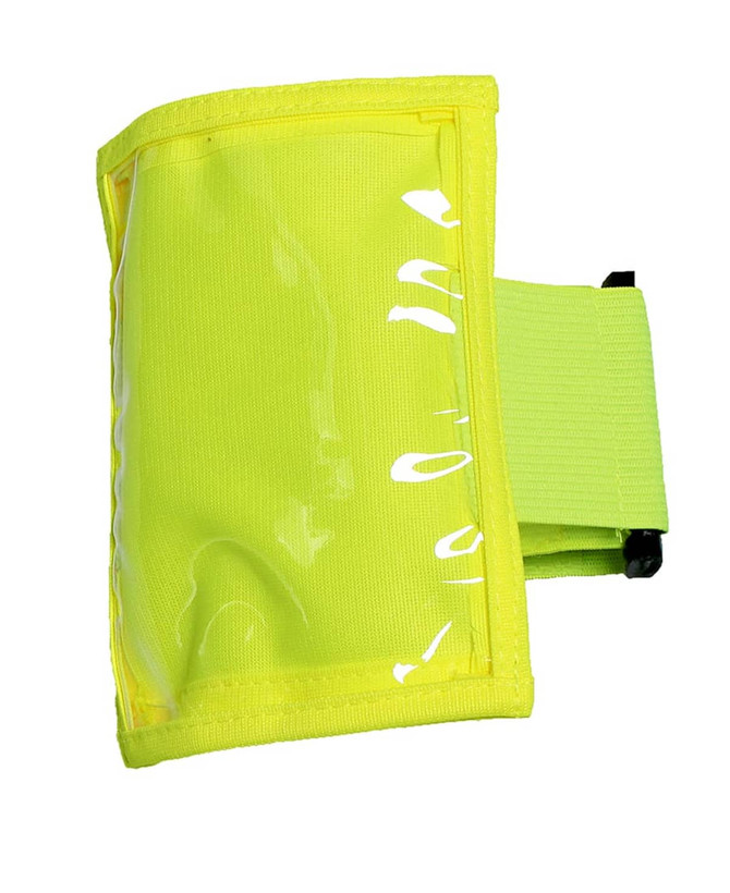 A yellow plastic pocket sleeve band with a transparent front and adjustable strap.