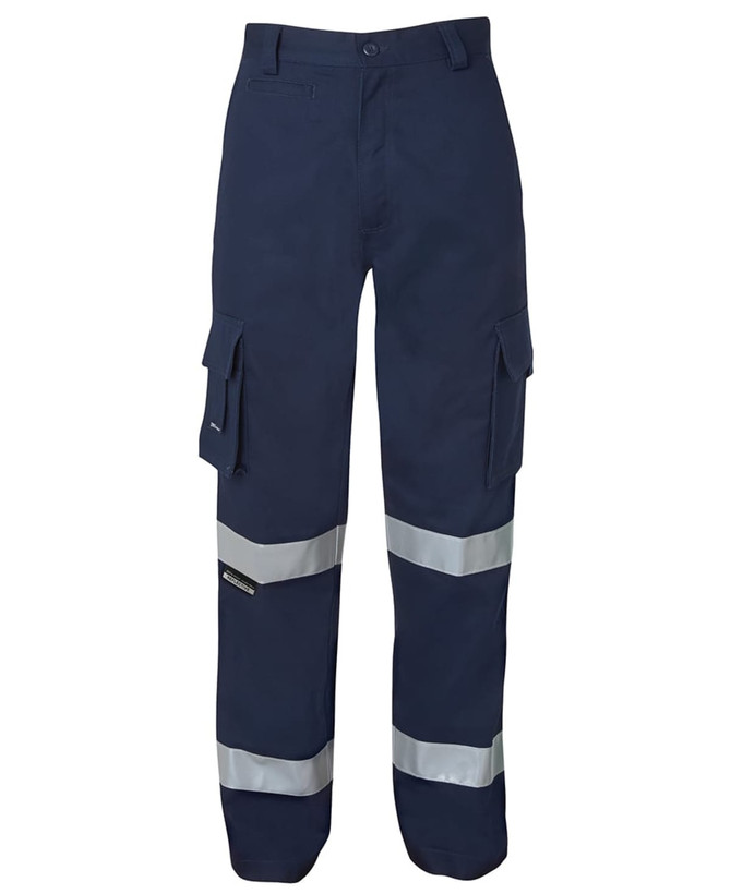 Navy work pants featuring reflective tape, with multiple cargo pockets and a logo. Suitable for workwear.