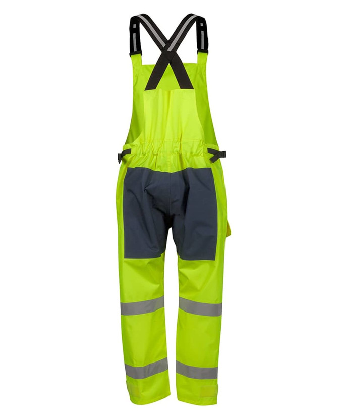 Bright yellow waterproof bib and brace with grey accents and reflective stripes, featuring adjustable straps and pockets.