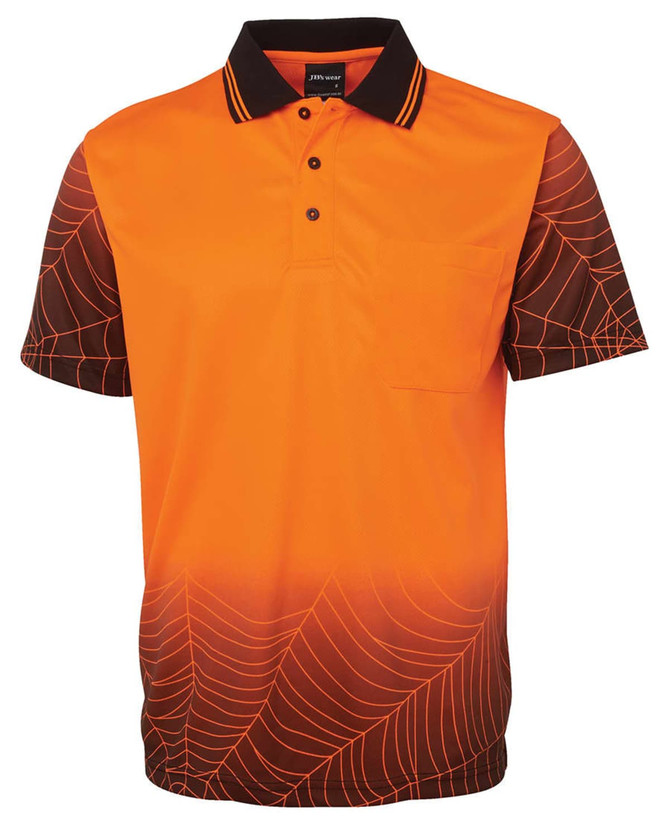An orange and black polo shirt featuring a spiderweb design, with a collar and a pocket, and displaying a logo.