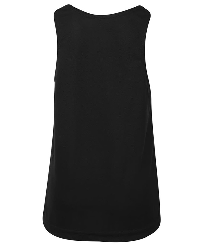 A black kids' poly singlet featuring a simple design and a branding logo on the back.