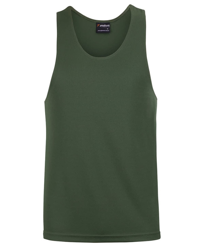 A green singlet with a classic tank top design and a logo on the upper inner neck.