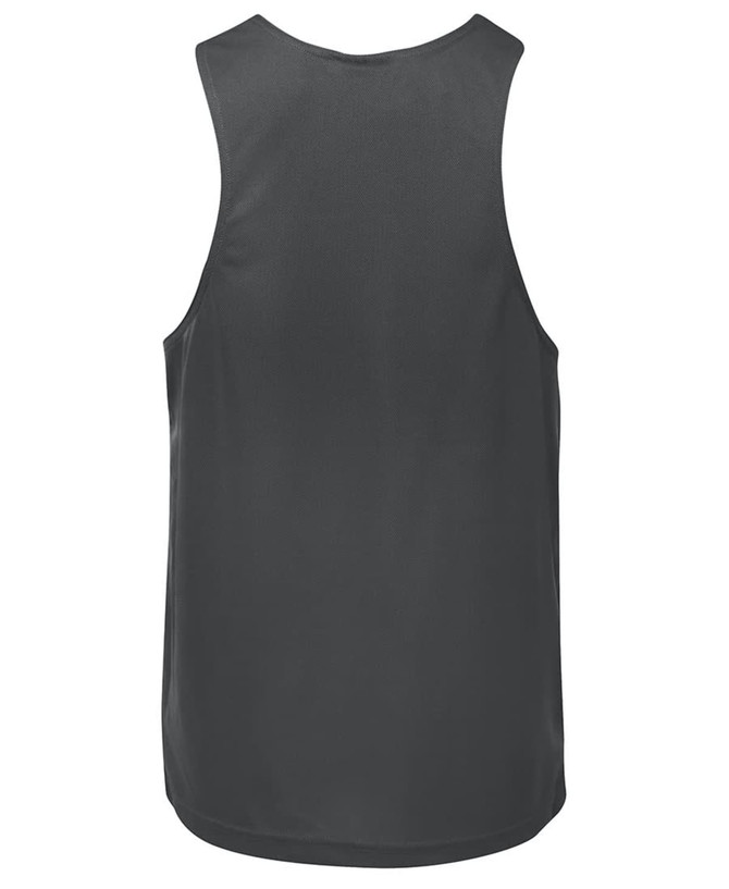 A dark grey singlet featuring a regular fit and a smooth design. It has a branding logo on the back.