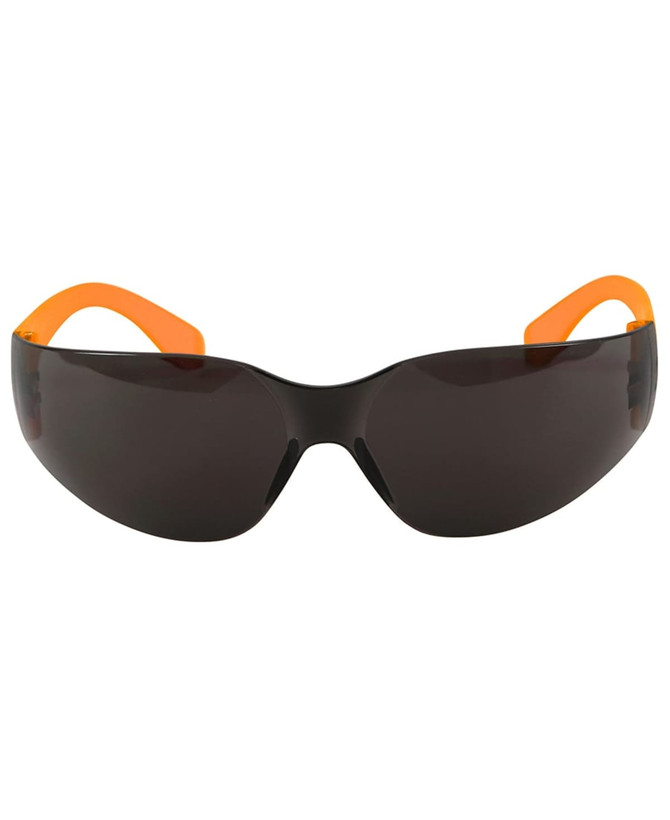 A pair of sunglasses with a black frame and orange arms, featuring a sleek, wrap-around design.