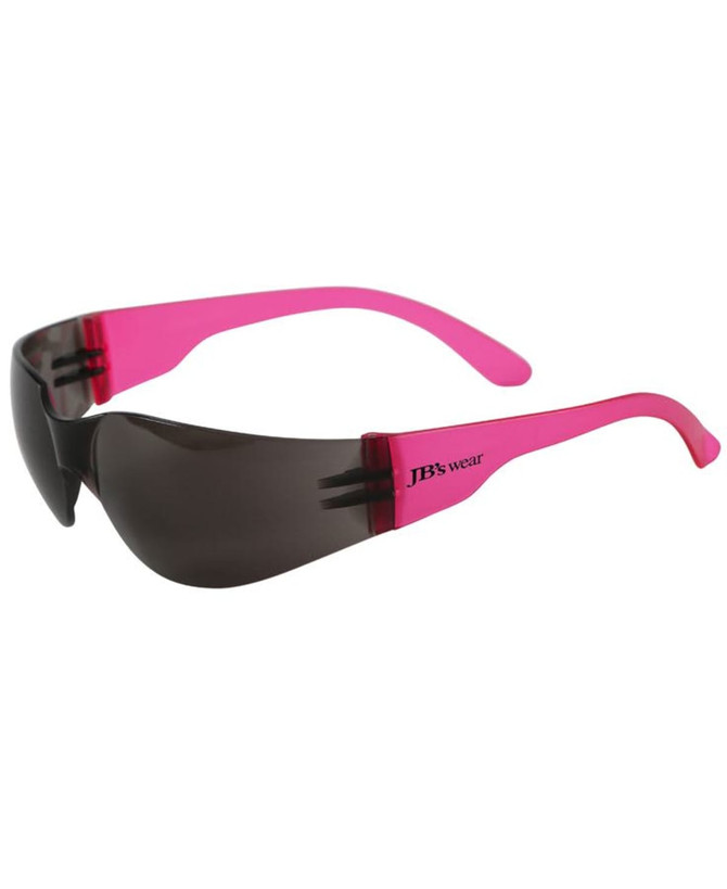 A pair of sunglasses with dark lenses and pink frames, featuring a logo on the side.
