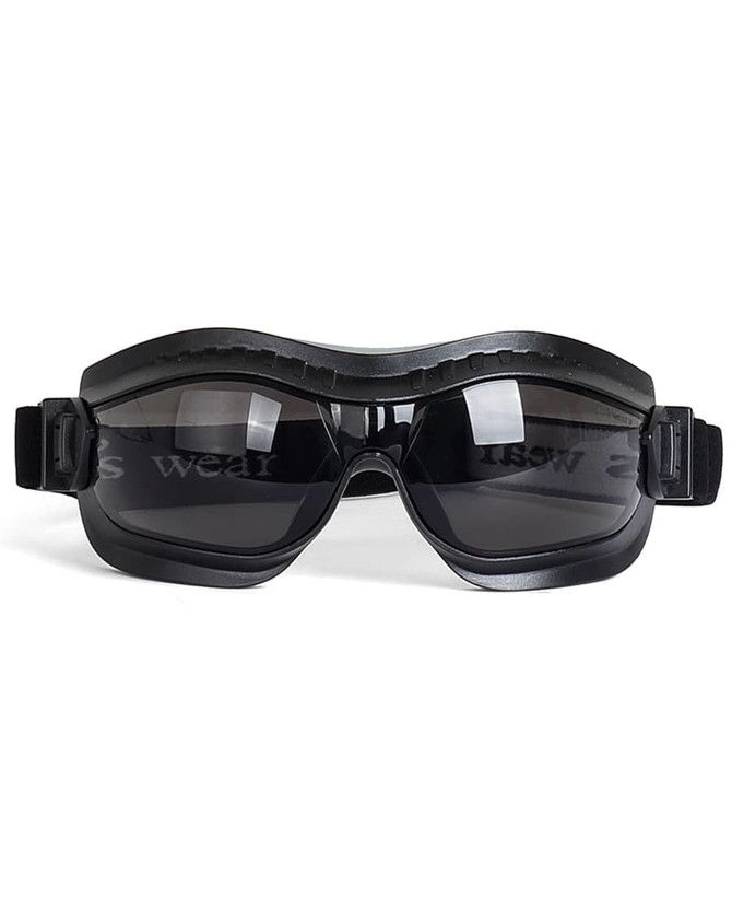 A pair of black safety goggles with a sleek design and adjustable straps.