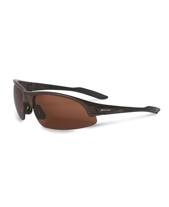 Polarised sunglasses in brown with a sleek black frame, featuring a logo on the side.