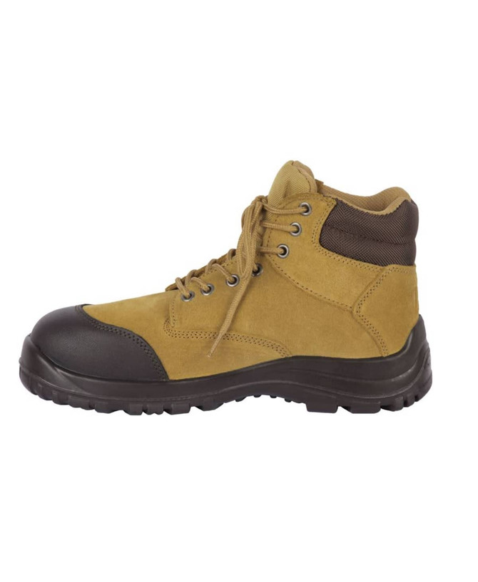 A safety boot in tan and black, featuring a lace-up design and sturdy sole. It has branding on the side.