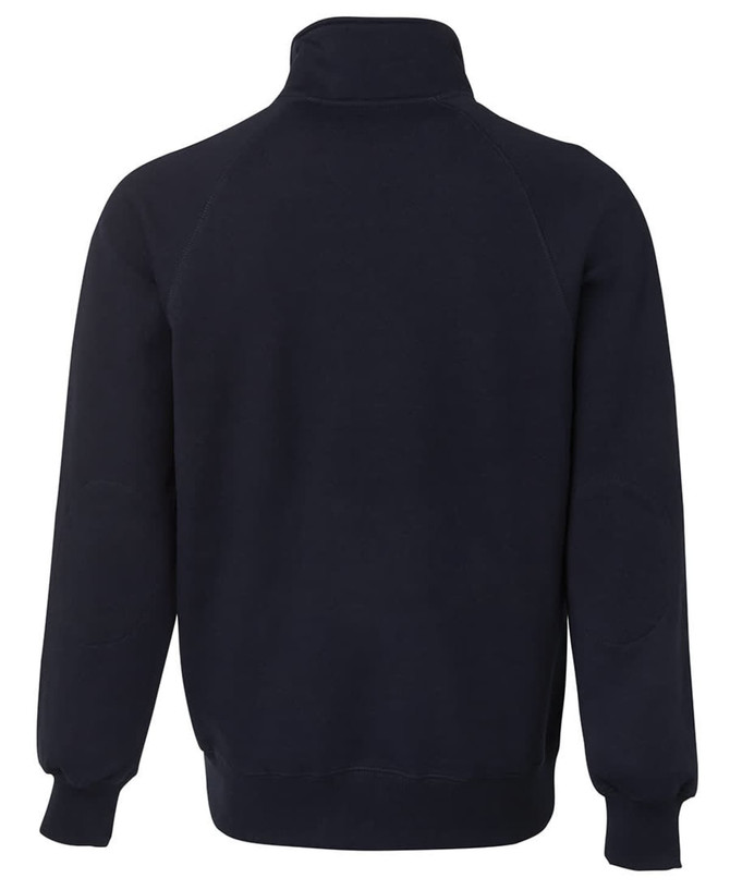 A navy full zip fleece jumper with a collar and raglan sleeves, featuring a logo on the back.