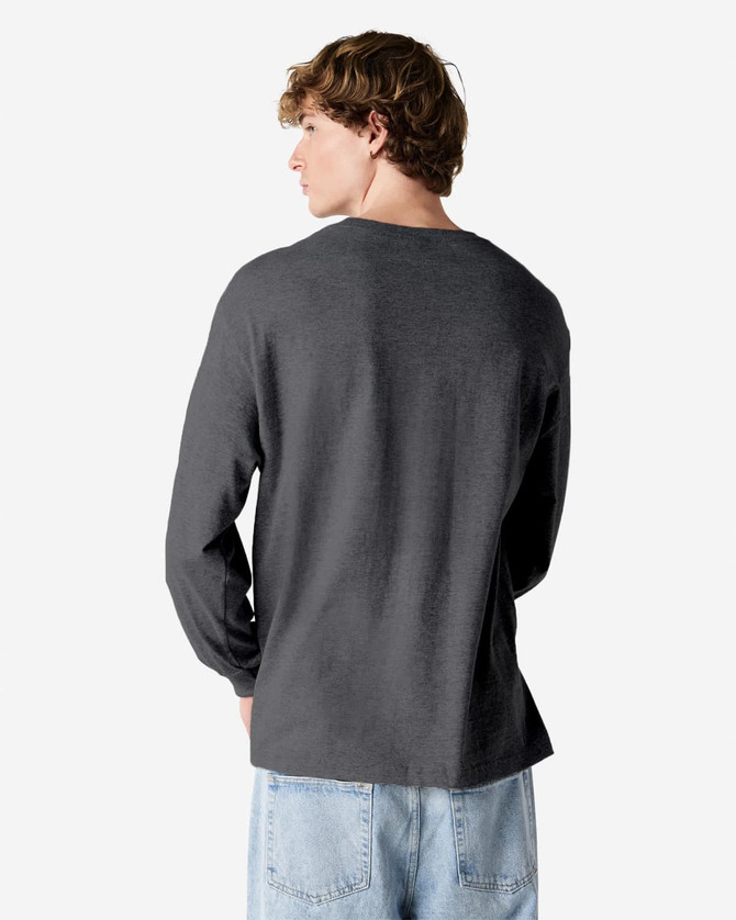 A heavyweight cotton unisex long sleeve t-shirt in dark grey, featuring a relaxed fit and plain back design.