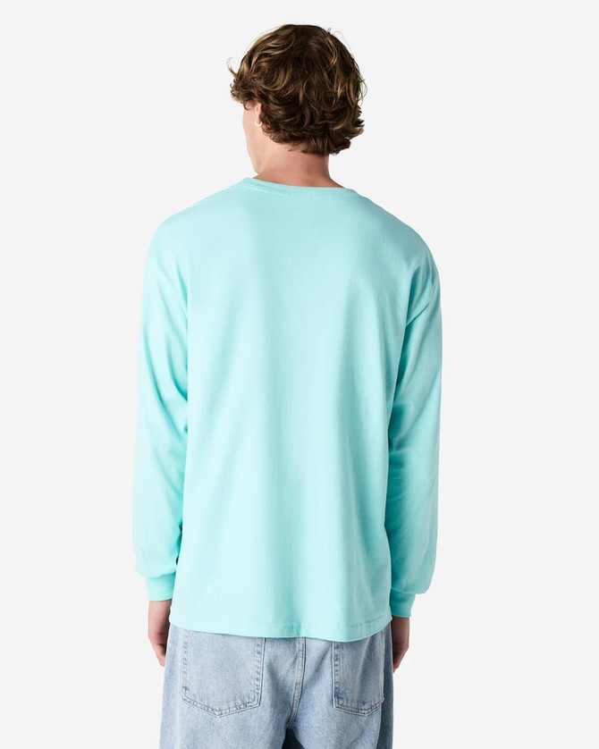 A unisex long sleeve T-shirt in light mint green, featuring a simple design and a logo on the back.