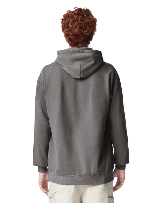 A grey adult hooded sweatshirt viewed from the back. It features a relaxed fit and a hood.
