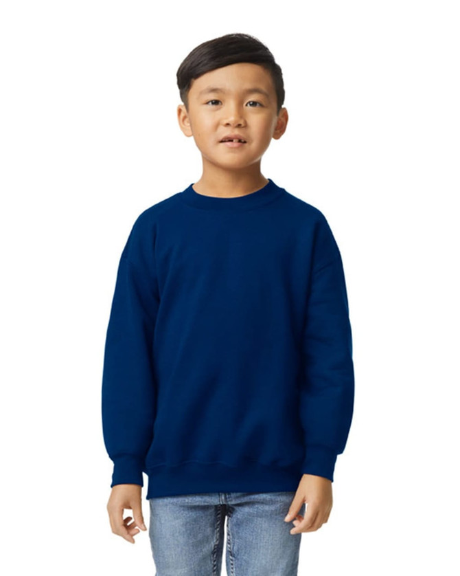 A youth sweatshirt in navy blue, featuring long sleeves and a simple design. It includes a branding logo.
