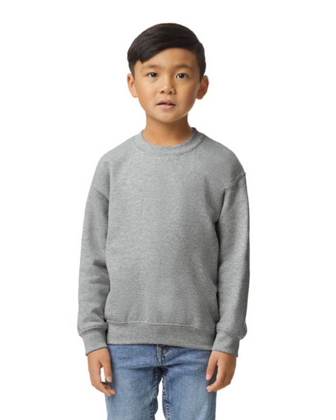 A youth sweatshirt in grey featuring ribbed cuffs and neckline. Includes a branding logo on the front.