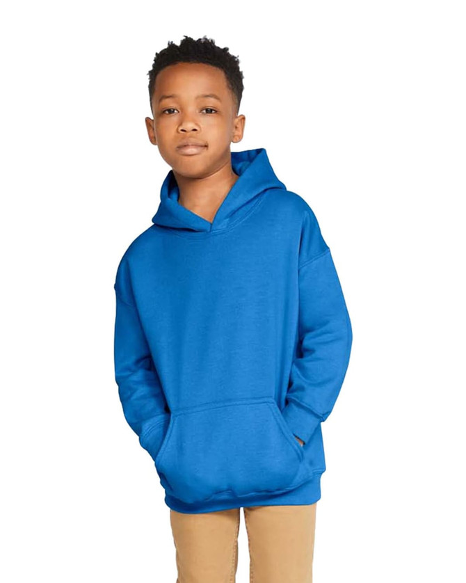 A blue youth hooded sweatshirt featuring a front pocket and a logo on the sleeve.