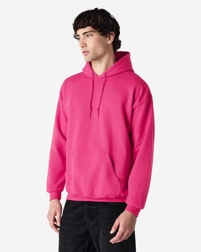 A pink youth hooded sweatshirt with a kangaroo pocket and a hood, featuring a logo.