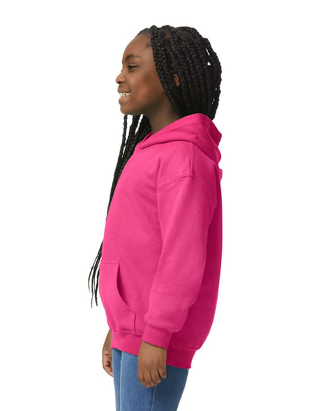 A pink youth hooded sweatshirt, viewed from the side, with a front pocket and a hood.