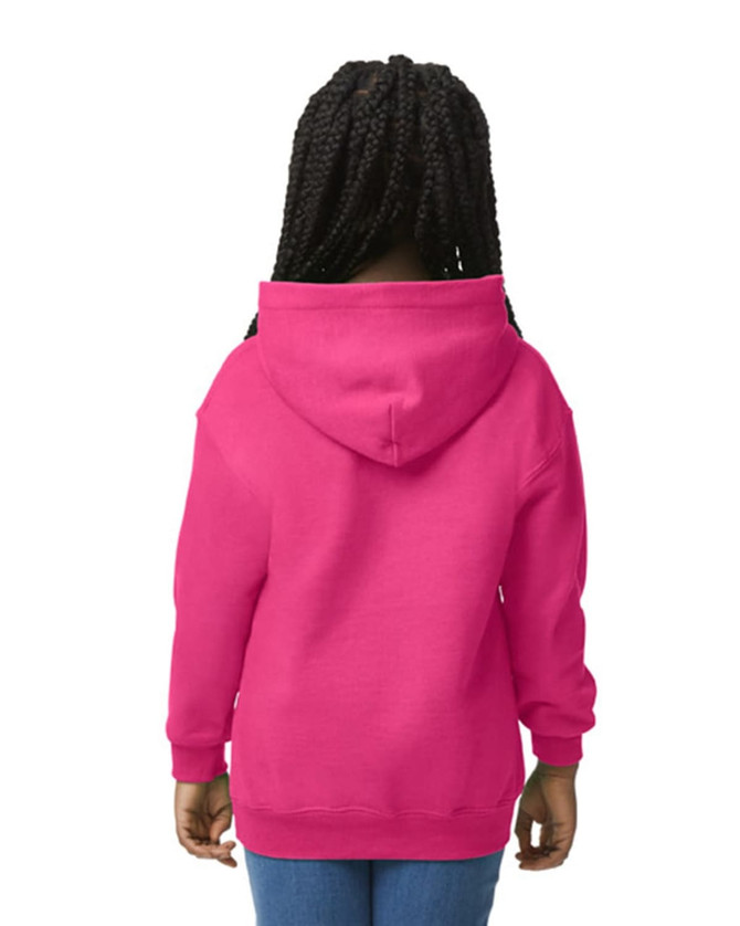 A bright pink youth hooded sweatshirt with a back view. The hoodie has a kangaroo pocket and long sleeves.