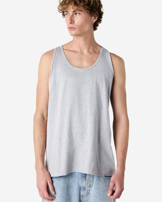 A light grey unisex fine jersey tank top featuring a classic design and a simple logo.