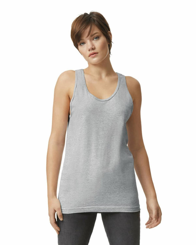 A unisex fine jersey tank in light grey, featuring a classic scoop neck design and a logo on the front.