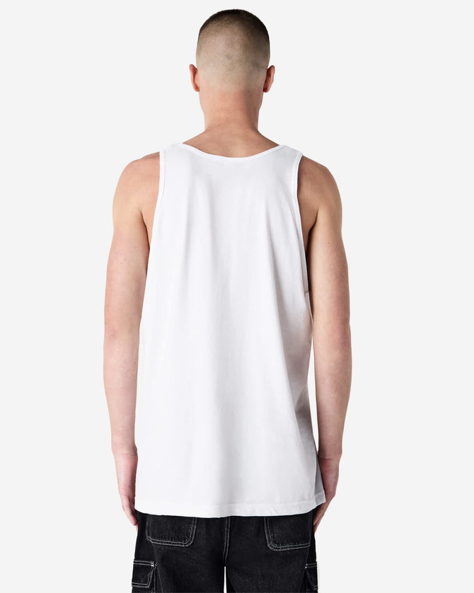A white unisex fine jersey tank top displayed from the back. The garment features a logo.